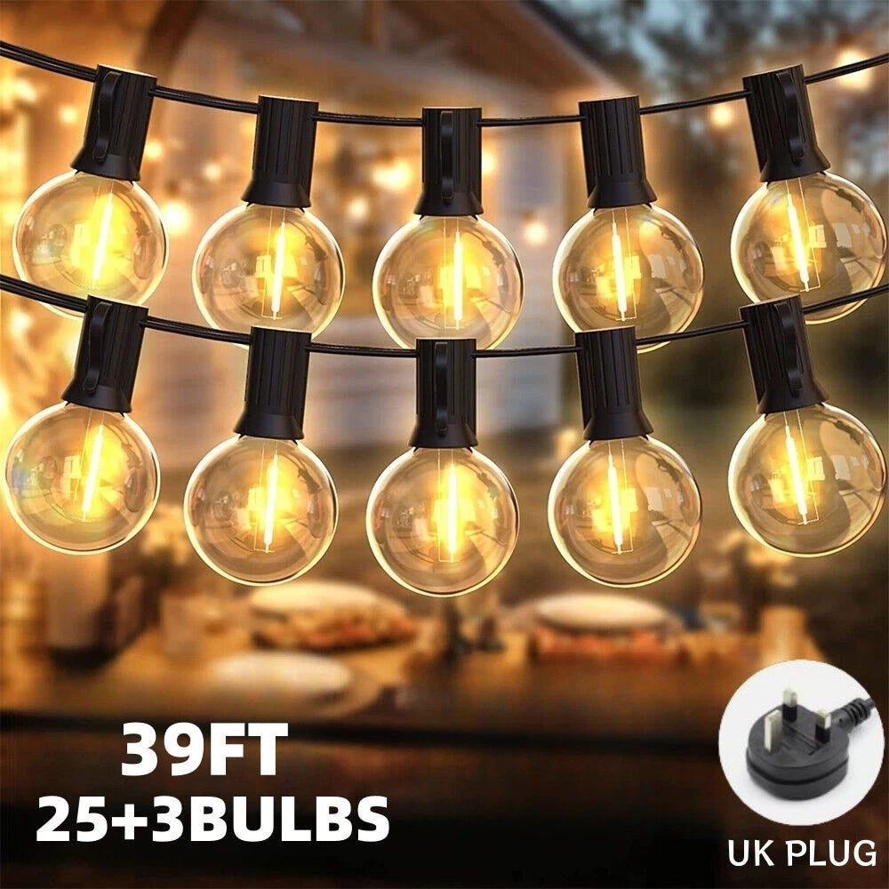 39FT Mains Powered String Light Festoon Outdoor 25+3LED Garden G40 Bulbs Lights