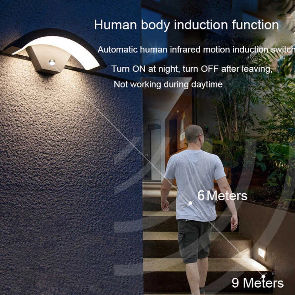 Modern Curved Outdoor LED Wall Light with PIR Motion Sensor – IP65 Waterproof, Energy-Saving Garden Porch Lamp (Warm White, 12W, Black)