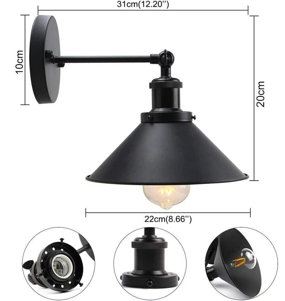 E27 Vintage Industrial Wall Light – Adjustable Metal Wall Sconce Lamp, Retro Black Brushed Finish, Cone Shade
