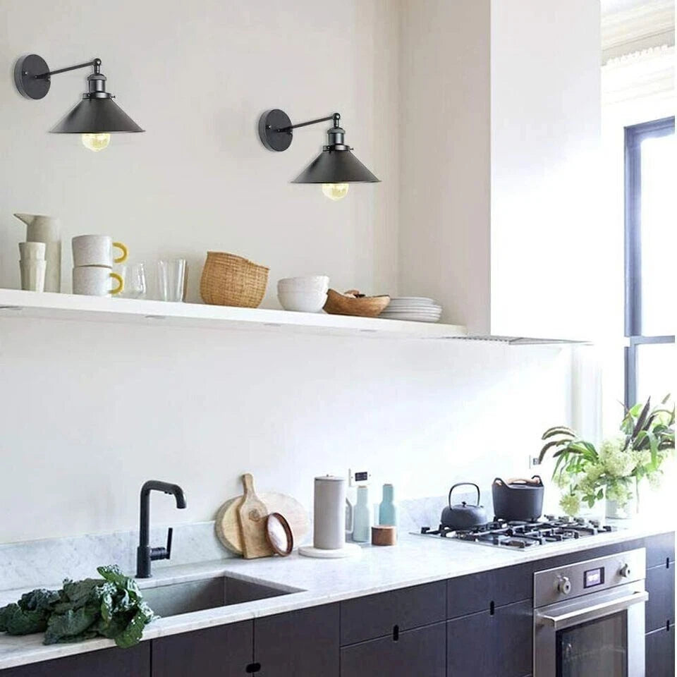E27 Vintage Industrial Wall Light – Adjustable Metal Wall Sconce Lamp, Retro Black Brushed Finish, Cone Shade