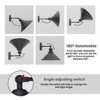 E27 Vintage Industrial Wall Light – Adjustable Metal Wall Sconce Lamp, Retro Black Brushed Finish, Cone Shade