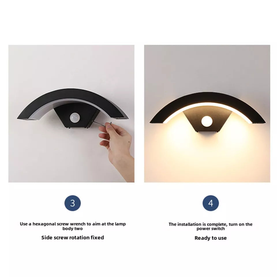 Modern Curved Outdoor LED Wall Light with PIR Motion Sensor – IP65 Waterproof, Energy-Saving Garden Porch Lamp (Warm White, 12W, Black)